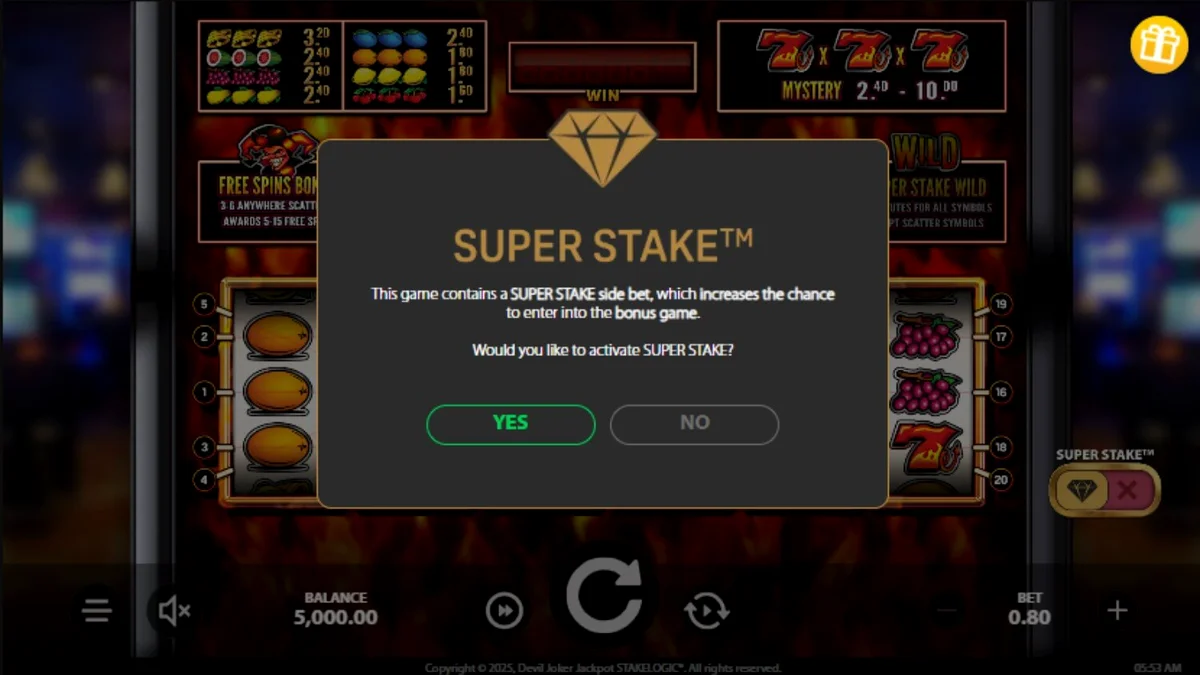 Interface do jogo Devil Joker com símbolos de frutas e o personagem Devil Joker