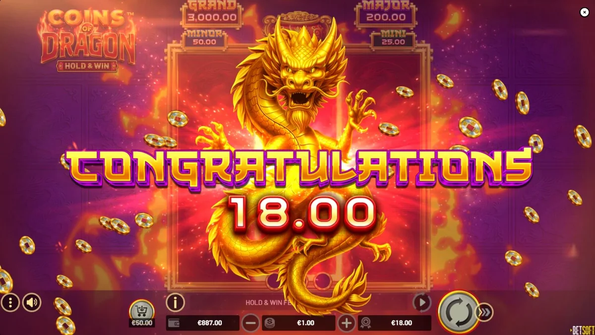 Interface do jogo de slot Coins of Dragon com tema oriental e dragão dourado